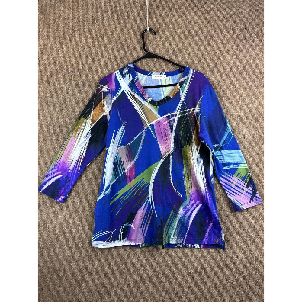 Jess & Jane Shirt Womens M Multicolor Tunic V-Neck Geometric 3/4 Sleeve Stretch